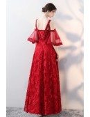 Beautiful Red Flowers Aline Long Prom Dress with Beaded Cold Shoulder