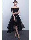 High Low Black Mesh Homecoming Prom Dress Off Shouler with Flowers