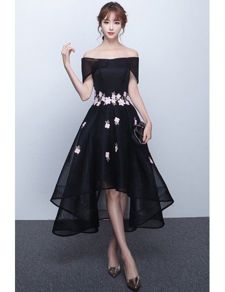 High Low Black Mesh Homecoming Prom Dress Off Shouler with Flowers