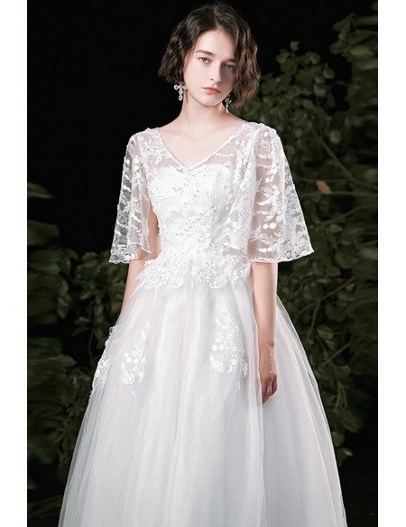 Modest Vneck Beaded Lace White Wedding Dress with Puffy Sleeves