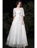 Modest Vneck Beaded Lace White Wedding Dress with Puffy Sleeves