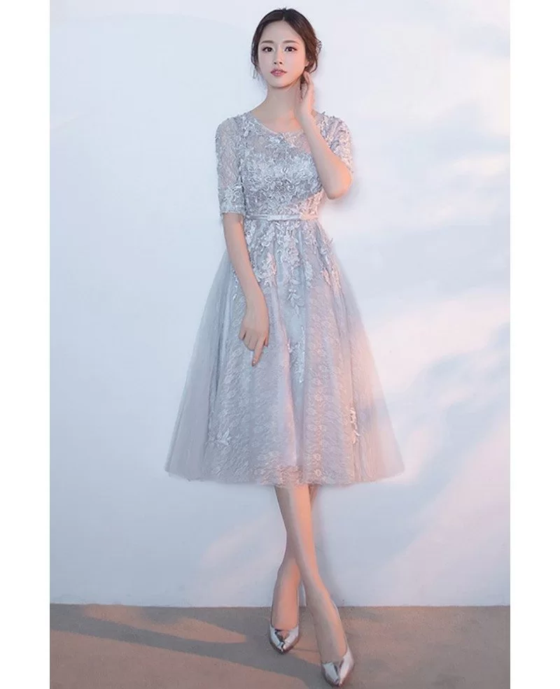 Elegant Grey Lace Knee Length Lace Homecoming Dress with Appliques ...