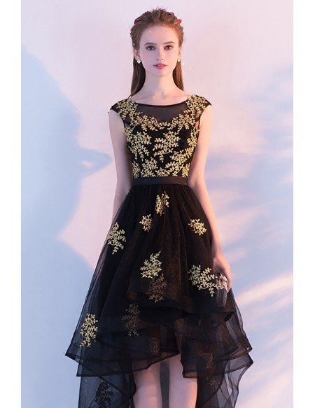 Black with Gold Appliques High Low Tulle Homecoming Prom Dress