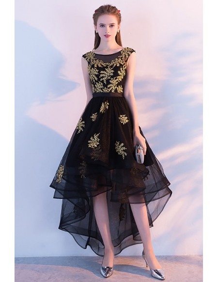 Black with Gold Appliques High Low Tulle Homecoming Prom Dress