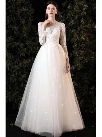 Gorgeous Sheer Round Neck Tulle Wedding Dress with Long Sleeves