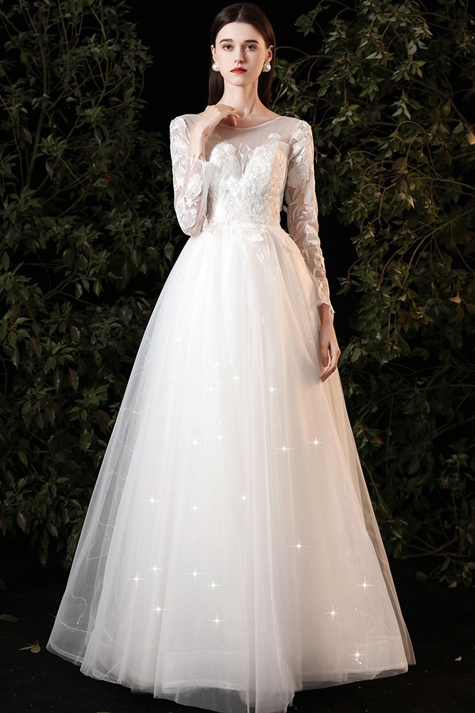 Gorgeous Sheer Round Neck Tulle Wedding Dress with Long Sleeves G78020 ...