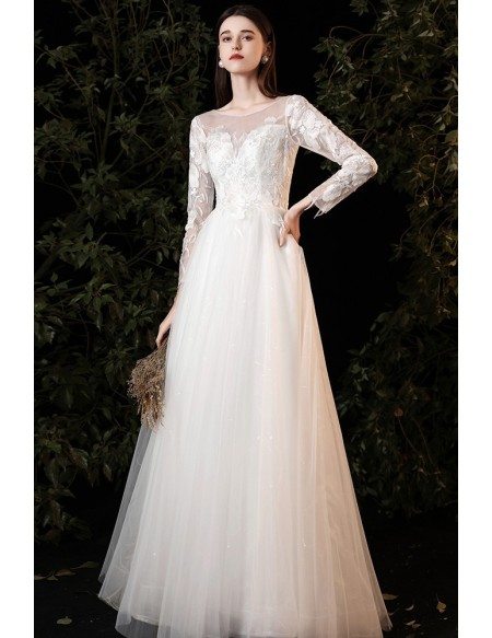 BMbridal Long Sleeves V-Neck Champagne Wedding Dress Beach With