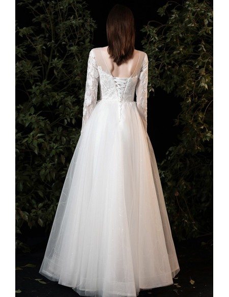 Gorgeous Sheer Round Neck Tulle Wedding Dress with Long Sleeves