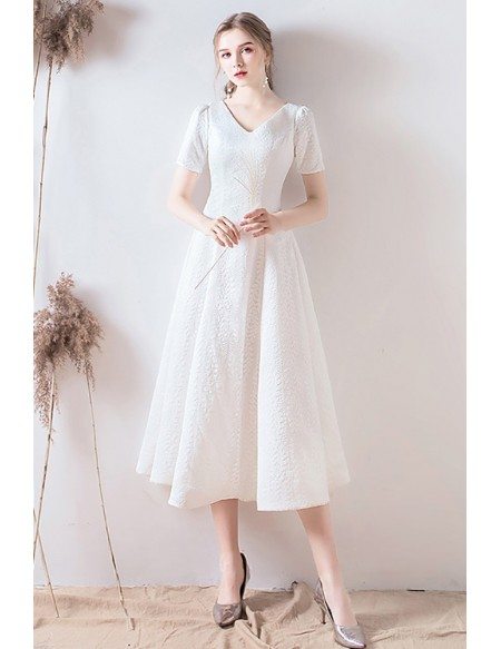 Modest Lace Vneck Wedding Reception Dress with Short Sleeves