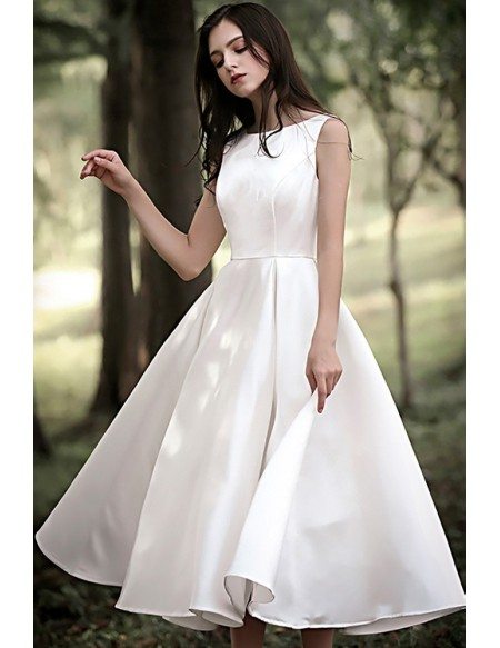 Simple Satin Tea Length Retro Wedding Party Dress Sleeveless