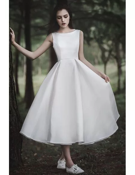 Simple Satin Tea Length Retro Wedding Party Dress Sleeveless