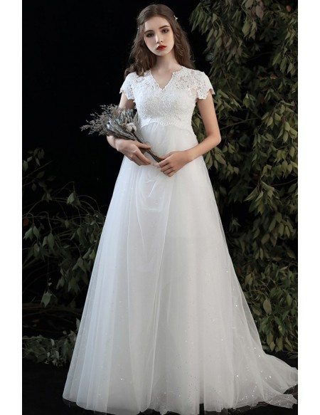 Lace Cap Sleeved Empire Pregnant Wedding Dress with Bling Tulle