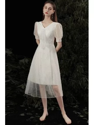 Vneck Aline Tea Length Tulle Party Dress with Beadings Bubble Sleeves