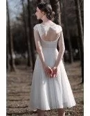 Retro Chic Tea Length Chiffon Wedding Dress with Cap Sleeves Open Back