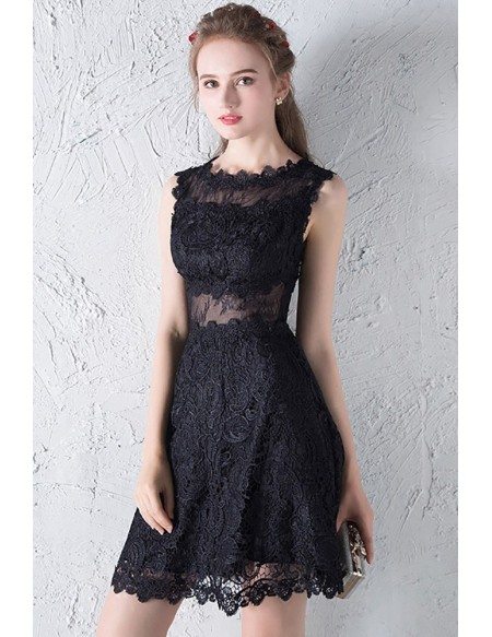 Black Lace Short Homecoming Party Dress with Sheer Waist