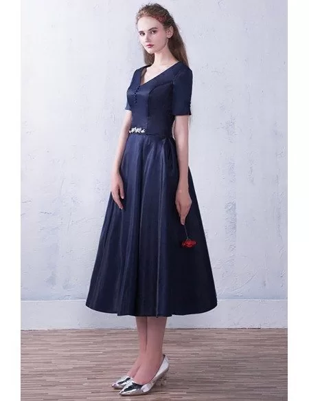 Modest Navy Blue Vneck Tea Length Semi Party Dress with Short Sleeves