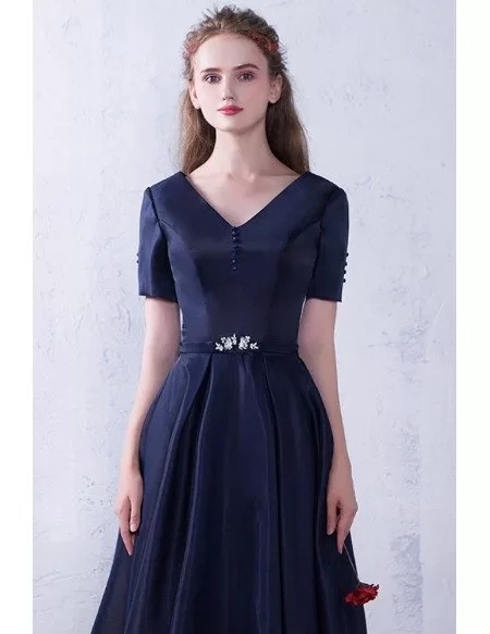 Modest Navy Blue Vneck Tea Length Semi Party Dress with Short Sleeves