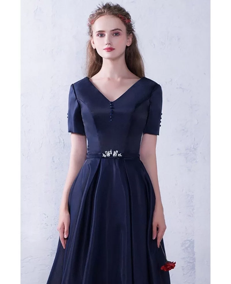 Modest Navy Blue Vneck Tea Length Semi Party Dress with Short Sleeves ...