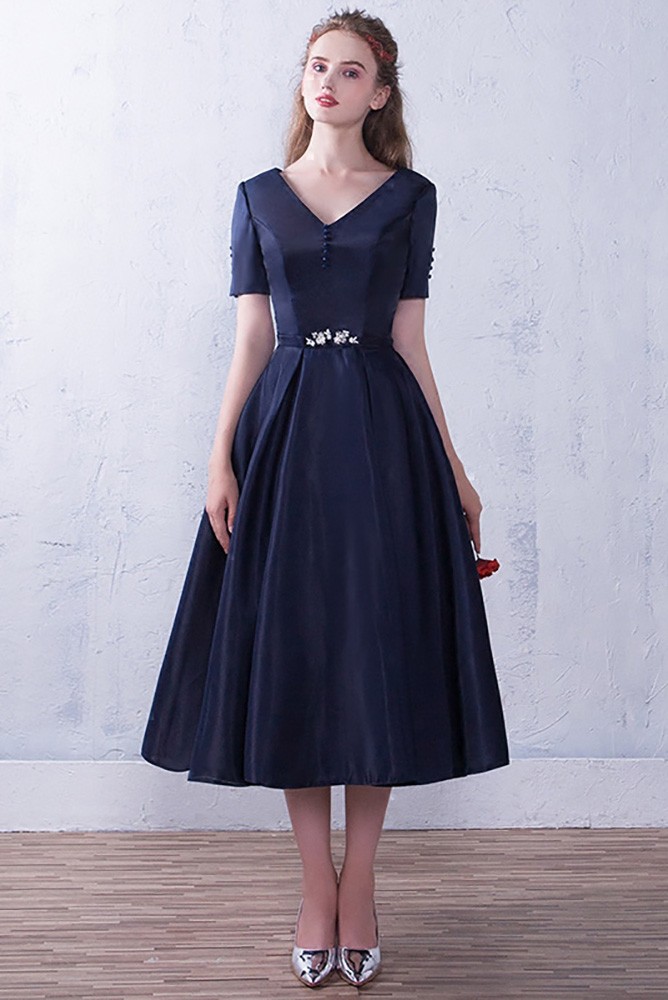 Modest Navy Blue Vneck Tea Length Semi Party Dress with Short Sleeves ...