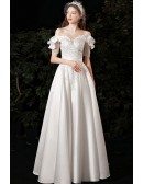 Gorgeous Off Shoulder Beaded Lace Satin Wedding Dress with Sash