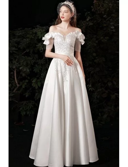 Gorgeous Off Shoulder Beaded Lace Satin Wedding Dress with Sash