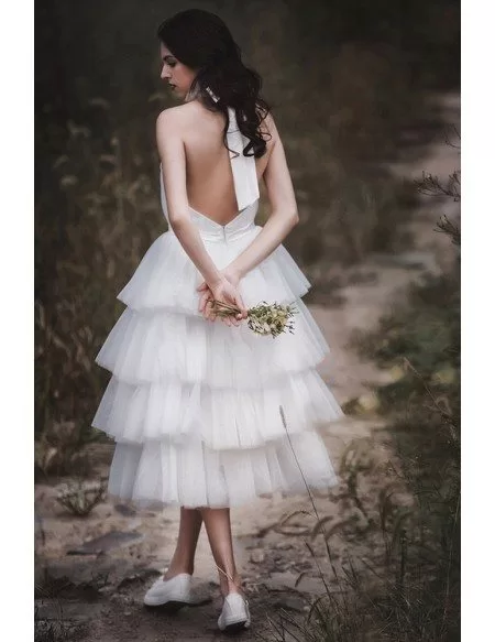 Casual Tiered Tea Length Tulle Halter Wedding Dress Backless