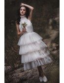 Casual Tiered Tea Length Tulle Halter Wedding Dress Backless