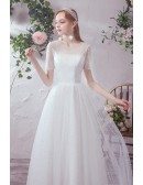 Illusion Short Sleeved Aline Wedding Party Dress with Beadings