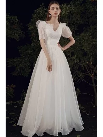 Elegant Vneck Organza Wedding Dress with Lace Short Sleeves