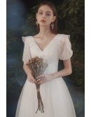Elegant Vneck Organza Wedding Dress with Lace Short Sleeves