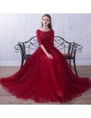 Aline Tulle Burgundy Round Neck Wedding Party Dress Beaded with Half Sleeves