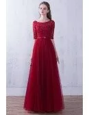 Aline Tulle Burgundy Round Neck Wedding Party Dress Beaded with Half Sleeves