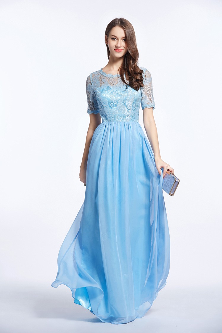 Feminine A-Line Lace Chiffon Long Prom Dress With Sleeves #CK478 $88 ...