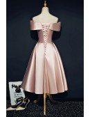 Pink Off Shoulder Satin Tea Length Homecoming Dress with Flowers