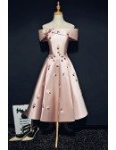 Pink Off Shoulder Satin Tea Length Homecoming Dress with Flowers