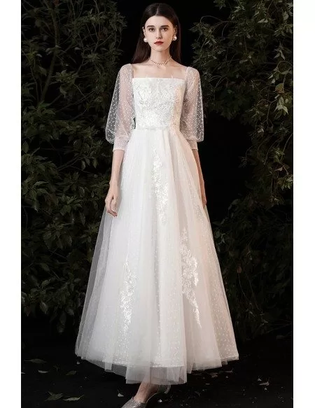 Romantic Polka Dot Long Wedding Dress with Square Neckline