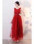 Red Beaded Appliques Empire Long Party Dress Sleeveless