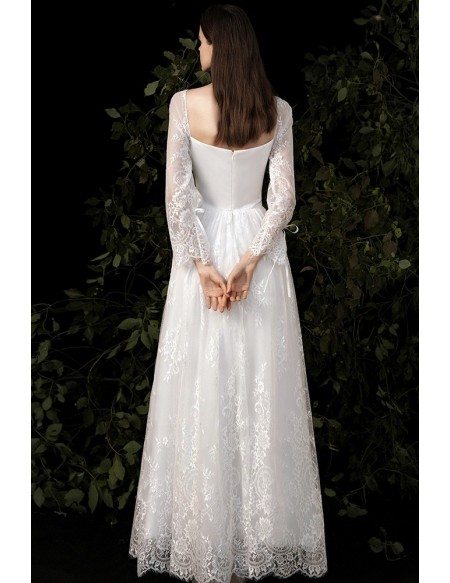 Slim Aline Lace Retro Wedding Dress Square Neck with Lace Long Sleeves