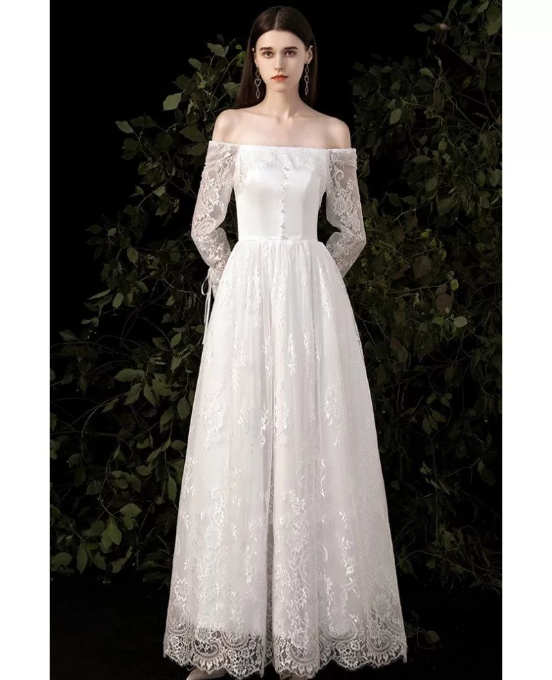 Slim Aline Lace Retro Wedding Dress Square Neck with Lace Long Sleeves ...