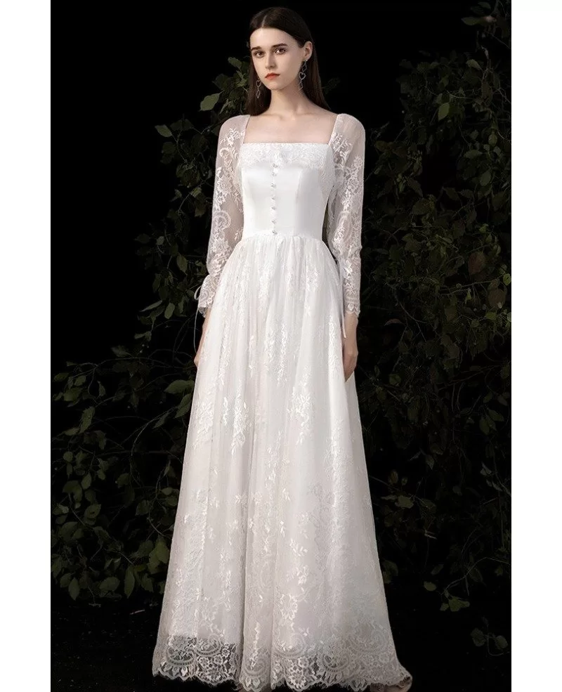 Slim Aline Lace Retro Wedding Dress Square Neck With Lace Long Sleeves G78017 GemGrace