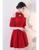 Little Red Lace Cold Shoulder Homecoming Dress with Beaded Halter