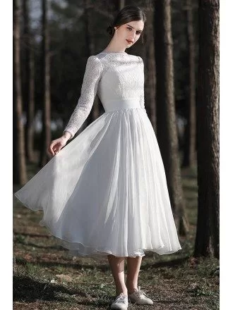 Elegant Lace Long Sleeved Tea Length Chiffon Wedding Dress For Vintage Look