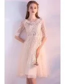 Champagne Lace Round Neck Homecoming Dress Knee Length with Half Sleeves