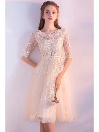 Champagne Lace Round Neck Homecoming Dress Knee Length with Half Sleeves