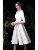 Retro French Vneck 3/4 Sleeved Wedding Dress Knee Length with Buttons