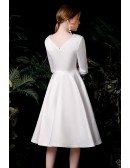 Retro French Vneck 3/4 Sleeved Wedding Dress Knee Length with Buttons