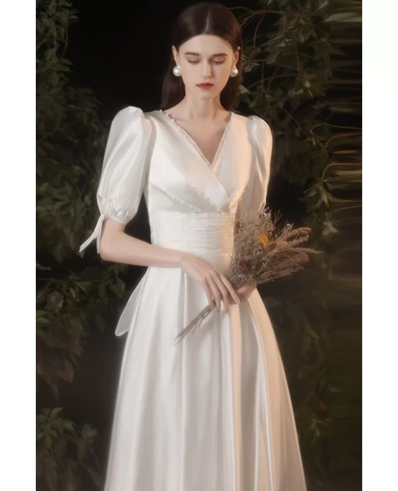 Retro Vneck Satin Modest Wedding Dress with Big Bow In Back G78013 ...