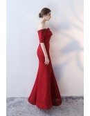 Burgundy Fitted Mermaid Lace Prom Dress with Off Shoulder Sleeves