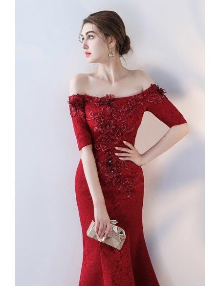 Burgundy Fitted Mermaid Lace Prom Dress with Off Shoulder Sleeves