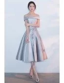 Silver Satin Off Shouler Tea Length Homecoming Dress with Appliques
